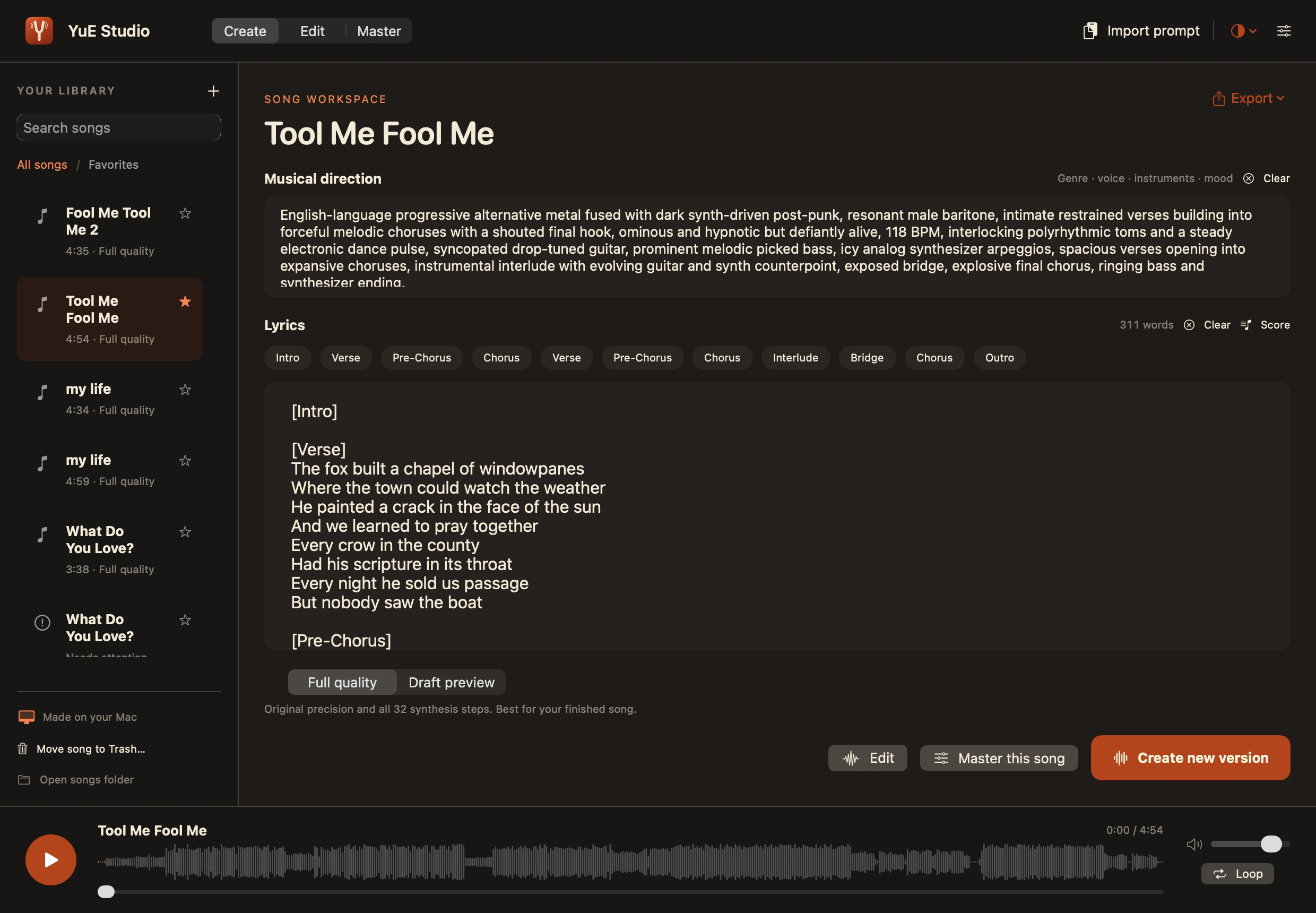 The real YuE Studio app: lyrics, musical direction and song library in the Create workspace