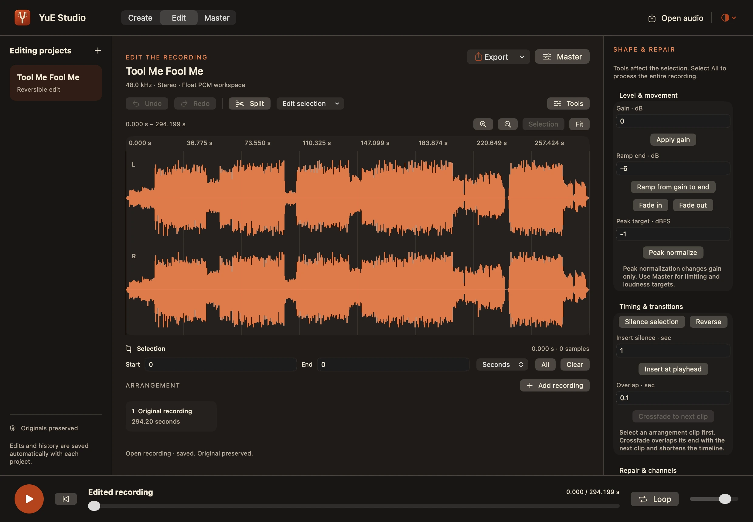 Native Edit workspace showing a full stereo recording, arrangement and selection tools, and reversible processing controls